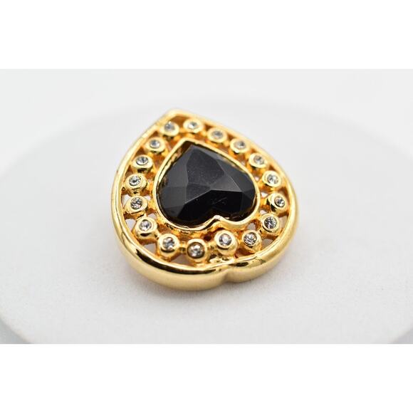 Vintage Crystal Heart Clip On Earrings Black Chunky Gold Heavy NOS 1980s A22 - Picture 16 of 16